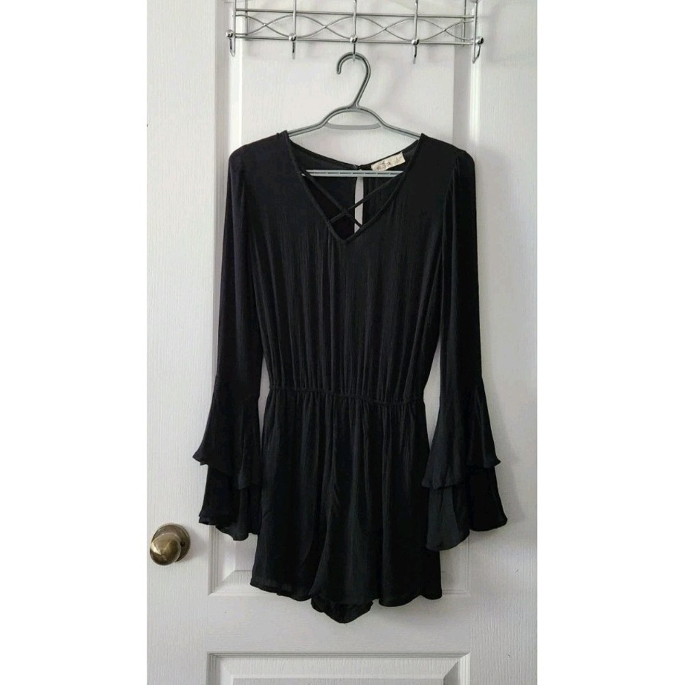 Holister Women's Long Flared Ruffle Sleeve Black Romper Size S